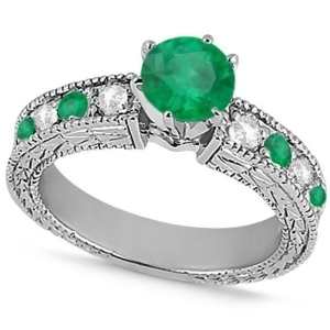 Diamond and Emerald Vintage Engagement Ring in 14k White Gold 1.75ct - All