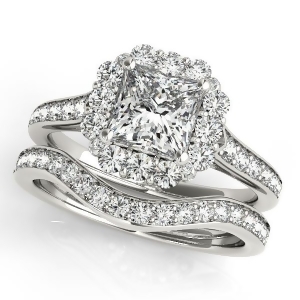 Princess Cut and Floral Halo Diamond Bridal Set 14k White Gold 1.58ct - All