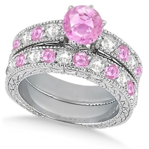 Diamond and Pink Sapphire Vintage Wedding Bridal Set in 14k White Gold 2.80ct - All