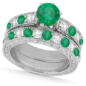 Diamond and Emerald Vintage Wedding Bridal Set in 18k White Gold 2.80ct - All