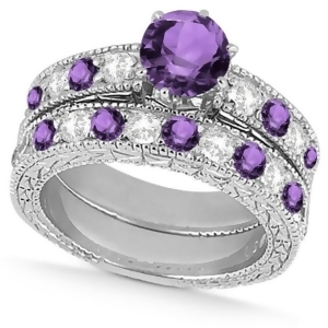 Diamond and Amethyst Vintage Wedding Bridal Set in 14k White Gold 2.80ct - All