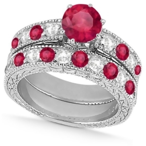 Diamond and Ruby Vintage Wedding Bridal Set in 14k White Gold 2.80ct - All
