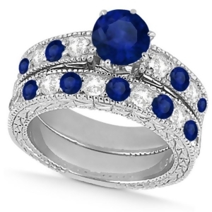 Diamond and Blue Sapphire Vintage Wedding Bridal Set in 14k White Gold 2.80ct - All