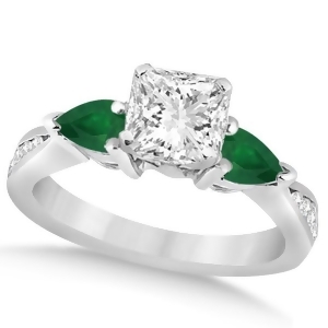 Princess Diamond and Pear Green Emerald Engagement Ring 18k White Gold 1.29ct - All