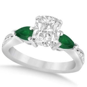 Cushion Diamond and Pear Green Emerald Engagement Ring 14k White Gold 1.29ct - All