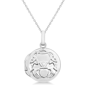 Round Claddagh Locket Pendant Necklace in 14k White Gold - All