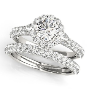 Pave' Flower Halo Pear Accents Diamond Bridal Set 14k White Gold 2.50ct - All