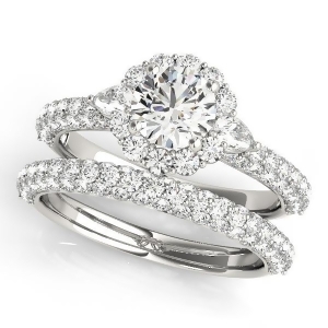 Pave' Flower Halo Pear Accented Diamond Bridal Set Platinum 2.50ct - All