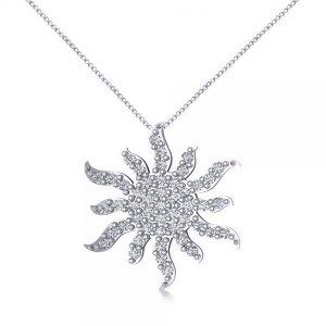 Diamond Starburst Sun Pendant Necklace 14k White Gold 0.49ct - All