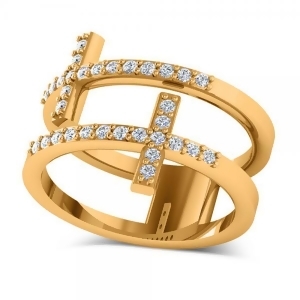 Double Sideways Religious Cross Diamond Ring 14k Yellow Gold 0.32ct - All