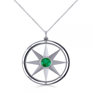 Emerald Gemstone Compass Pendant Necklace 14k White Gold 0.66ct - All