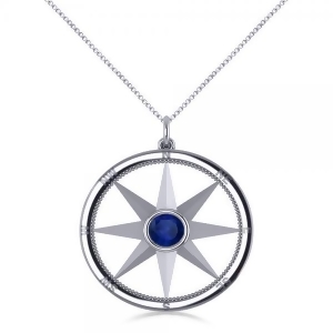 Blue Sapphire Compass Pendant Fashion Necklace 14k White Gold 0.66ct - All