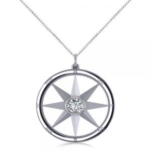 Diamond Nautical Compass Pendant Necklace 14k White Gold 0.66ct - All
