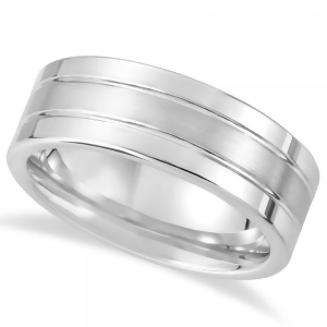 Men's Flat Ridged Wedding Ring Band in White Tungsten 8.3mm - All