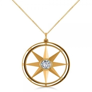 Diamond Nautical Compass Pendant Necklace 14k Yellow Gold 0.66ct - All