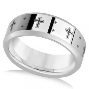Men's Beveled Wedding Band with Black Laser Crosses in Tungsten 8.3mm - All
