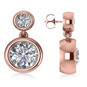 Double Round-Cut Bezel Diamond Drop Earrings 14k Rose Gold 4.50ct - All