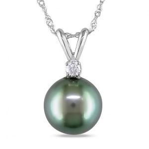 Solitaire Diamond and Tahitian Pearl Pendant Necklace 14k White Gold 8-9mm - All