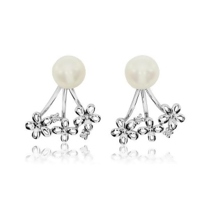 Diamond Accented Pearl Daisy Cuff Earrings 14k White Gold 6mm 0.03ct - All