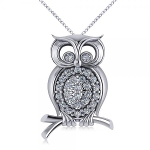 Diamond Accented Owl Pendant Necklace 14k White Gold 0.34ct - All