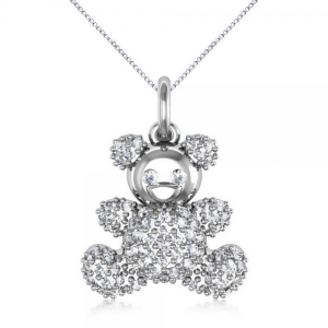 Diamond Accented Teddy Bear Pendant Necklace in 14k White Gold 0.28ct - All
