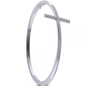 Diamond Religious Cross Bangle Bracelet in 14k White Gold 0.87ct - All