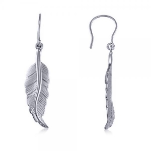 Dangling Feather Earrings in Plain Metal 14k White Gold - All