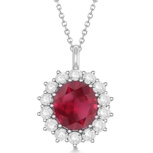 Oval Ruby and Diamond Pendant Necklace 14k White Gold 5.40ctw - All