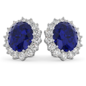 Oval Blue Sapphire and Diamond Accented Earrings 14k White Gold 10.80ctw - All