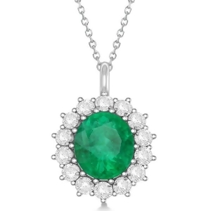 Oval Emerald and Diamond Pendant Necklace 14k White Gold 5.40ctw - All