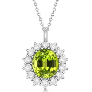 Oval Peridot and Diamond Pendant Necklace 14k White Gold 5.40ctw - All