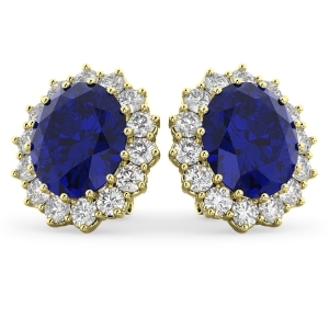 Oval Blue Sapphire and Diamond Accented Earrings 14k Yellow Gold 10.80ctw - All