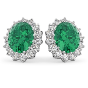 Oval Emerald and Diamond Earrings 14k White Gold 10.80ctw - All