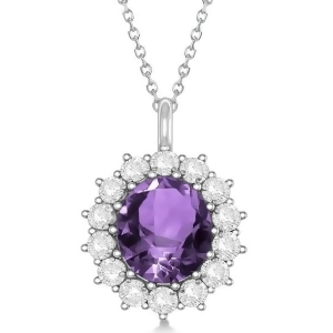 Oval Amethyst and Diamond Pendant Necklace 14k White Gold 5.40ctw - All