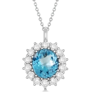 Oval Blue Topaz and Diamond Pendant Necklace 14k White Gold 5.40ctw - All
