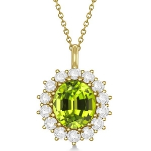 Oval Peridot and Diamond Pendant Necklace 14k Yellow Gold 5.40ctw - All