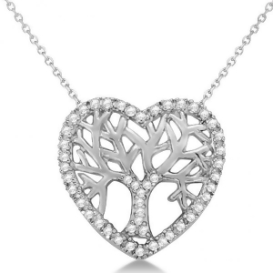 Diamond Heart Family Tree of Life Pendant Necklace 14k White Gold 0.05ct - All