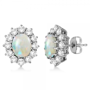 Oval Shape Opal and Diamond Accented Earrings 14k White Gold 7.10ctw - All