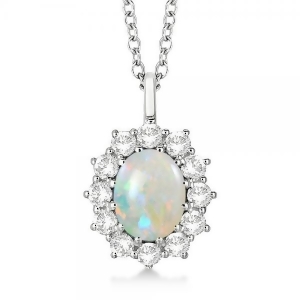 Oval Shape Opal and Diamond Pendant Necklace 14k White Gold 3.60ctw - All