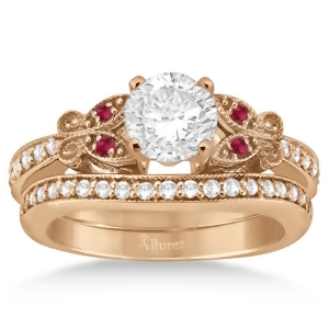 Butterfly Diamond and Ruby Bridal Set 18k Rose Gold 0.42ct - All