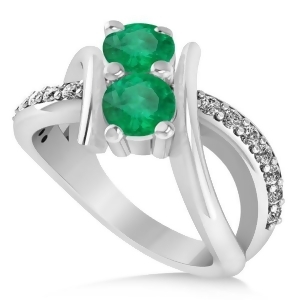 Emerald Diamond Bypass Split Shank Two Stone Ring 14k White Gold 1.28ct - All