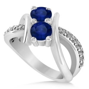 Blue Sapphire Diamond Bypass Split Two Stone Ring 14k White Gold 1.28ct - All