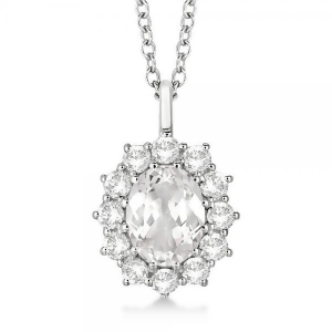 Oval White Topaz and Diamond Pendant Necklace 14k White Gold 3.60ct - All
