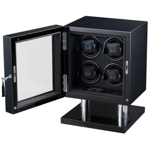 High Gloss Carbon Fiber Four Watch Winder and Black Leather Interior - All
