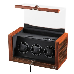 Rustic Ebony Rosewood Triple Watch Winder and Black Leather Interior - All