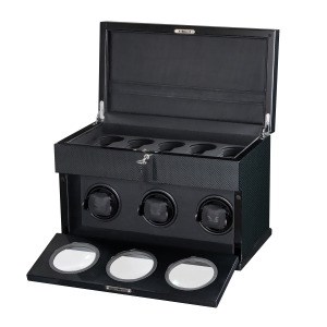 High Gloss Carbon Fiber Triple Watch Winder and Black Leather Interior - All