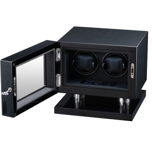 Double Watch Winder High Gloss Carbon Fiber and Black Leather Interior - All