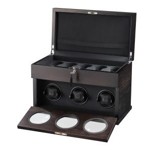 Matte Brown Wooden Triple Watch Winder and Black Leather Interior - All