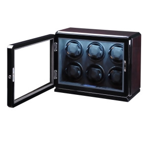 High Gloss Rosewood Six Watch Winder w/ Glass Window and Suede Interior - All