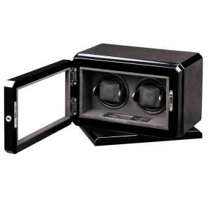 High Gloss Black Oak Rotating Base Double Watch Winder Suede Interior - All